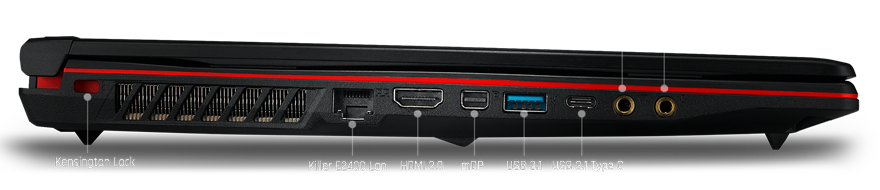 MSI Gaming Laptop Closed, Facing to the Right with text and graphics pointing out the kensington lock, killer e2400 lan port, hdmi 2.0 port, minidisplayport, USB 3.1, USB 3.1 Type-C, Headphone out and mic in ports