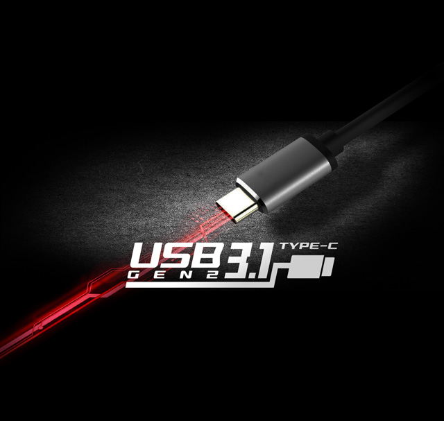 Banner showing USB 3.1 Gen 2 Type-C Cable Head with Red Circuitry Lightning Graphics coming out from it