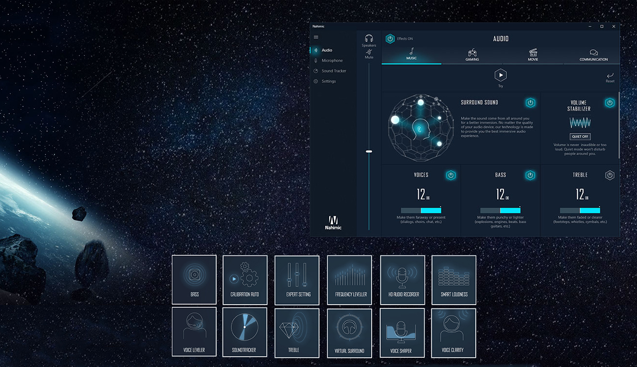 NAHIMIC 3 SOFTWARE windows and icons in front of intergalactic space