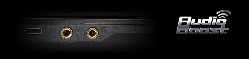 Audio Boost text next to the headphone and mic jack on the side of the MSI laptop