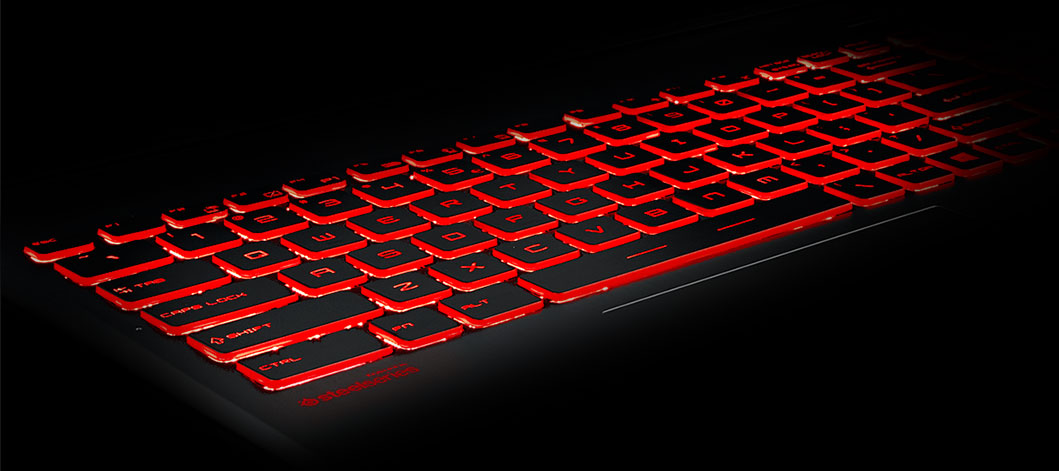 red RGB-lit keyboard on the MSI laptop