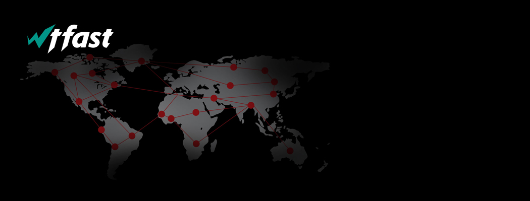 wtfast logo over a map of the world with red lines and dots marking different important locations
