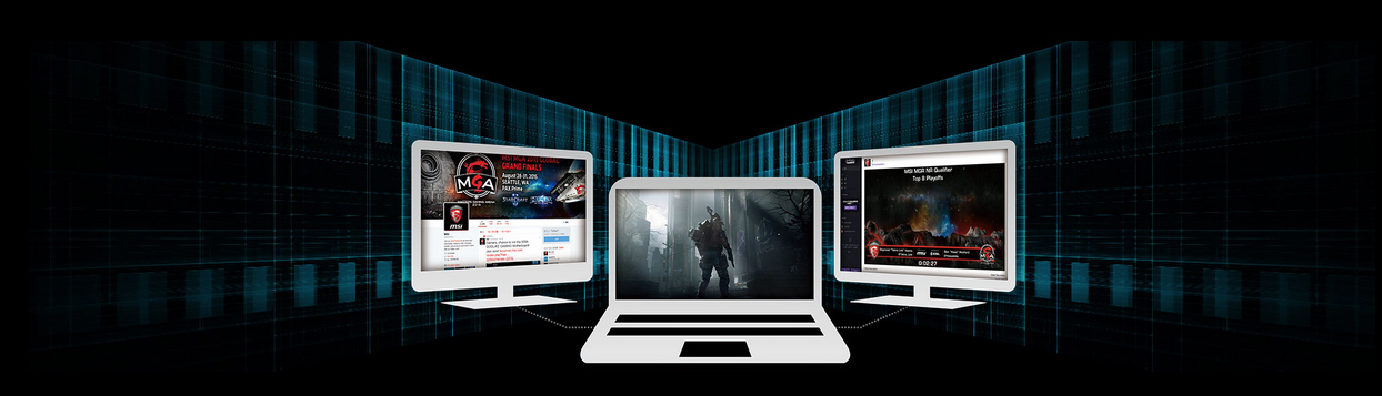 MSI laptop connected to two monitors