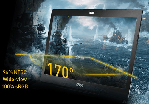 MSI laptop display with a warship battle on-screen and text and graphics indicating: 94 percent NTSC wide-view 100% sRGB