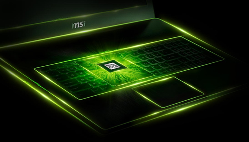 Open MSI GL63 laptop with glowing lines around the case, keyboard and touchpad with a glowing GPU on top of the keyboard