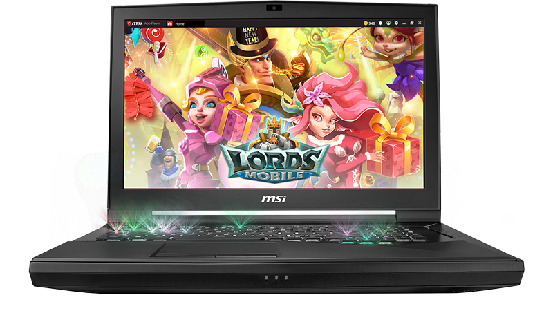 Gigabyte GT75 TITAN Gaming Laptop open and facing forward with the title screen for LORDS MOBILE