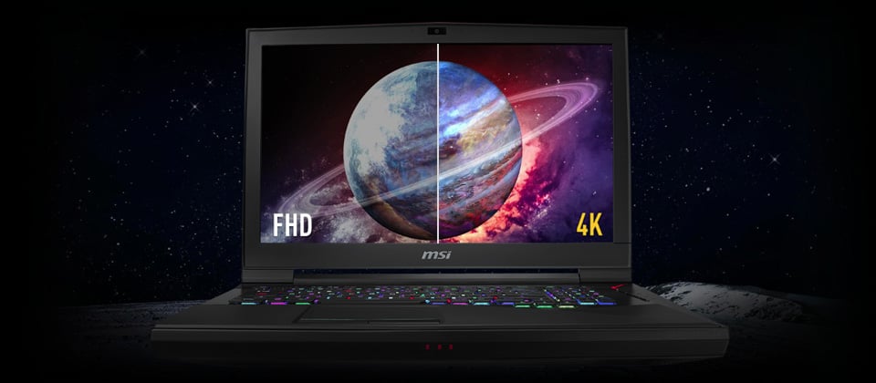 Gigabyte GT75 TITAN Gaming Laptop open and facing forward with a split image of a intergalactic planet, the left side is Full HD quality and the right side is 4K quality