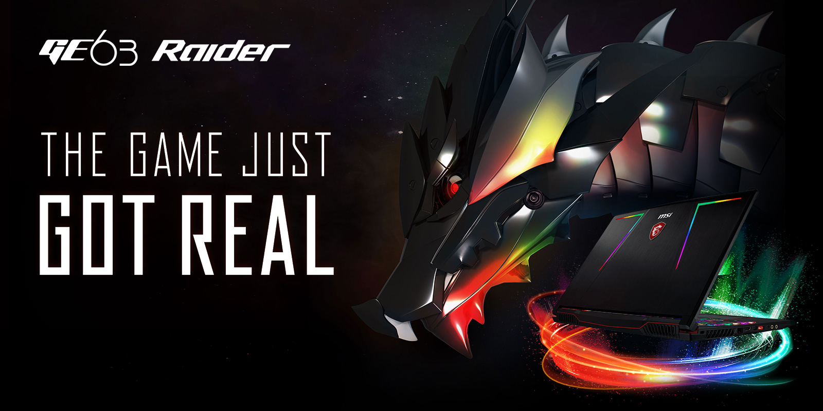 Gigabyte GE63 Raider Gaming Laptop open, angled away to the right above a swirling LED light ring, next to a metal red-eye dragon