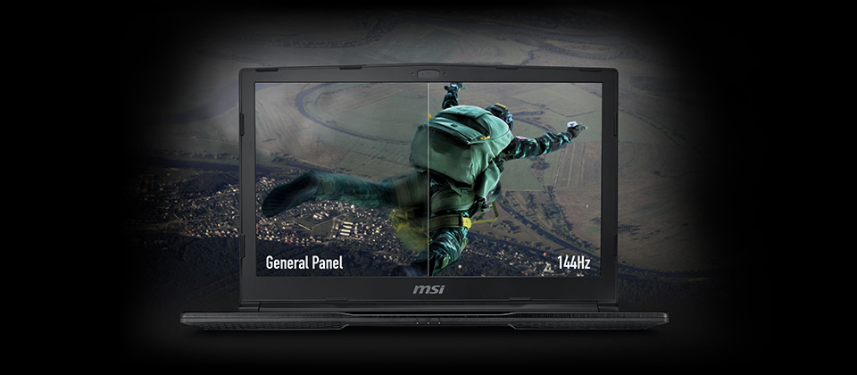 Gigabyte GE63 Raider Gaming Laptop screen split in two showing a parachuter freefalling down, the left side is blurry showing general panel quality and the right shows sharp 144Hz picture quality