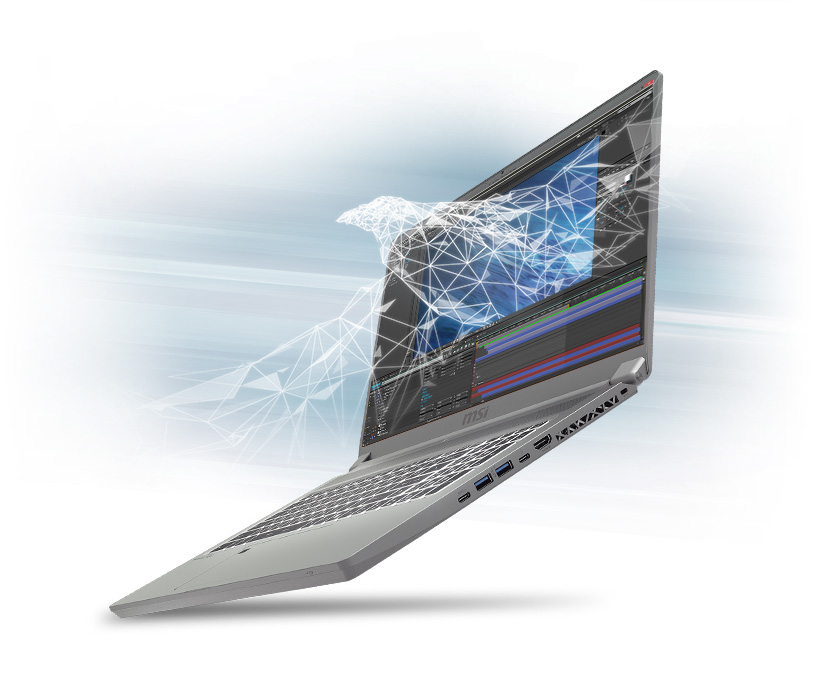 MSI P75 Creator Laptop Open wide and angled to the left, showing a stylized digital bird coming out of the laptop that has video-editing software open
