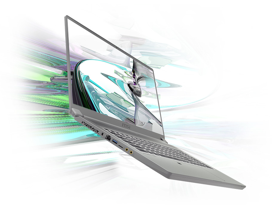 MSI P75 Creator Laptop Open wide and angled to the right, showing stylized graphics