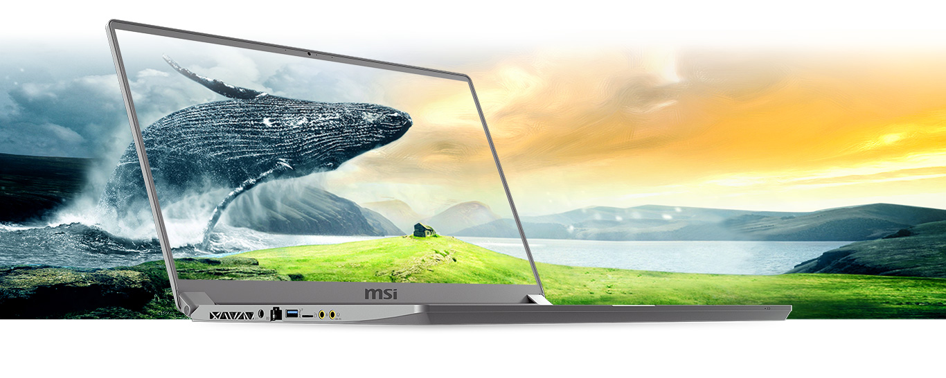 Open MSI P75 Creator Laptop angled to the right with a high-color image of a gigantic tiger standing over a man hanging out on the hood of his car