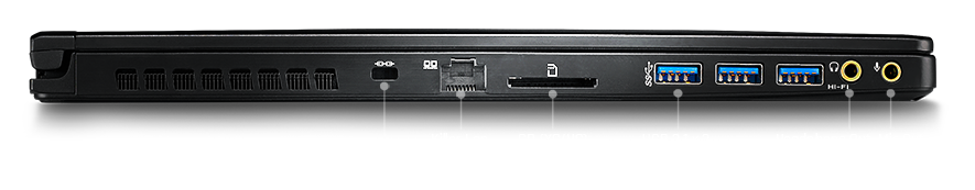 side profile of the MSI GS65 Gaming Laptop showing kensington lock, killer ethernet, SD (XC/HC), three USB 3.1 ports and headphone out and mic out jacks