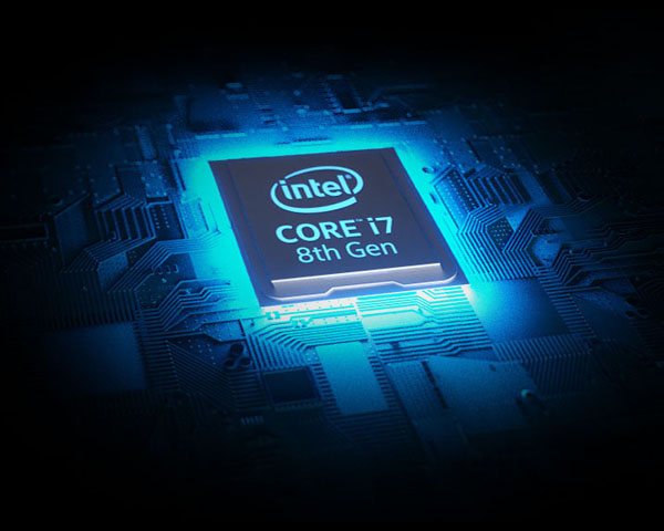 Intel Core i7 8th Gen CPU in a lit up portion of graphic circutiry