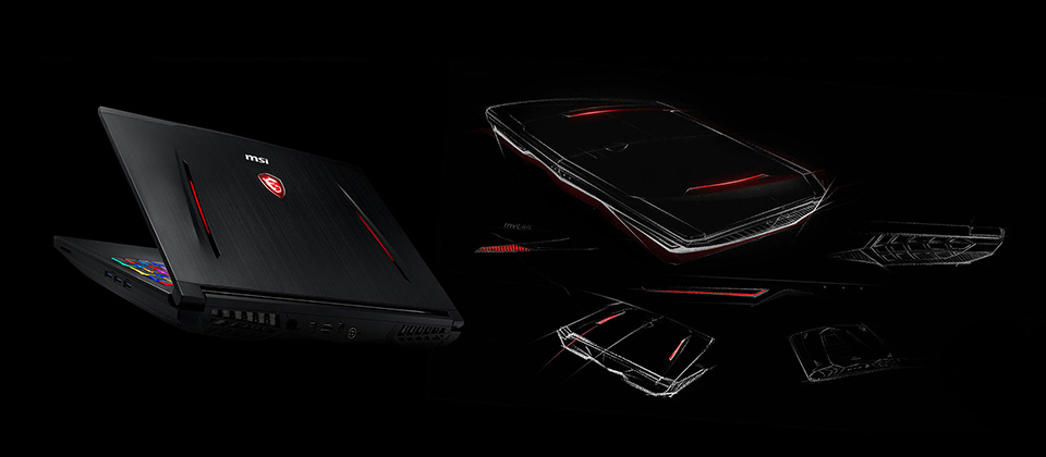 Gigabyte GL63 Gaming Laptop slightly open facing away to the left next to diagrams of the laptop closed and in different angles