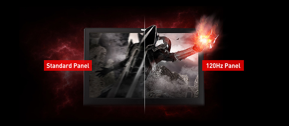 Gigabyte GL63 Gaming Laptop screen split in two showing standard panel quality versus 120Hz panel quality