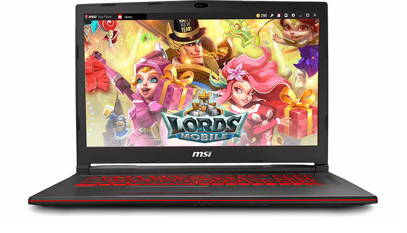 Gigabyte GL73 Gaming Laptop Open and Facing Forward with the LORDS MOBILE game title screen as the screenfill
