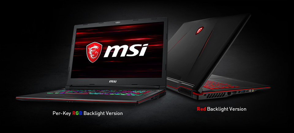 Two Gigabyte GL73 Gaming Laptops, the Per-Key RGB Keyboard Backlight Version is Open Angled to the Left with the MSI logo as its screenfill and the red backlight keyboard version is slightly open, angled away to the right