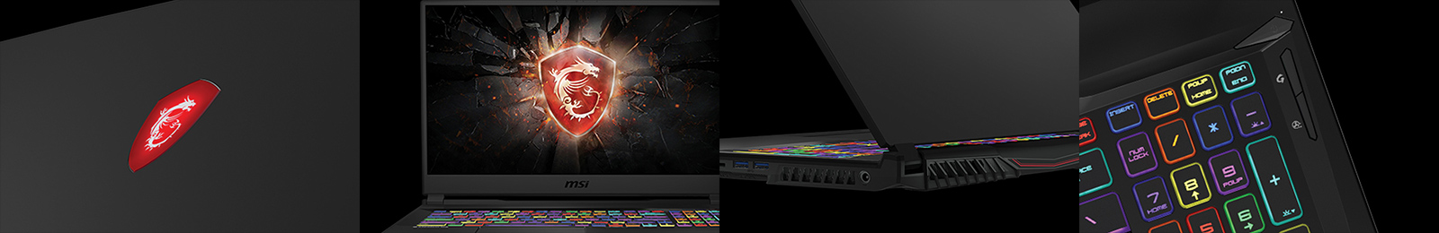 Four Different Views to Show MSI GL75: Front Cover, Screen,  Exhaust Vents and Keyboard