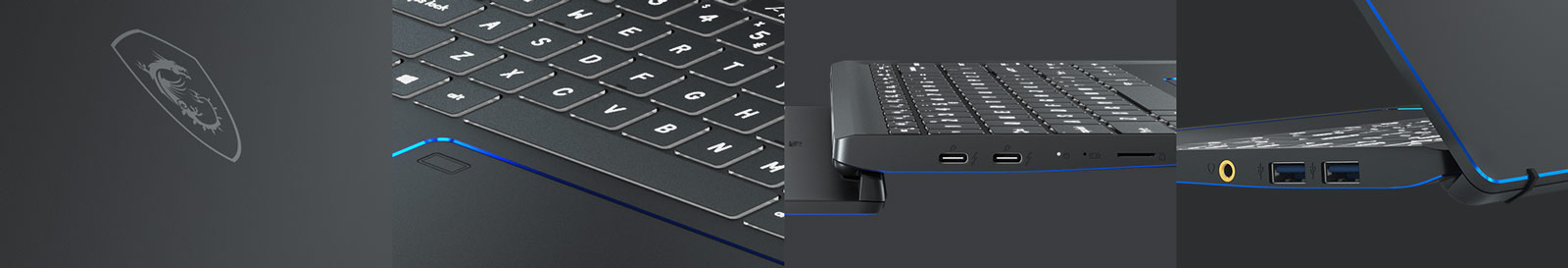 Four Different Views to Show MSI Prestige 15: Front Cover MSI Logo, Keyboard Detail, Side Looking with USB ports and The Other Side Ports