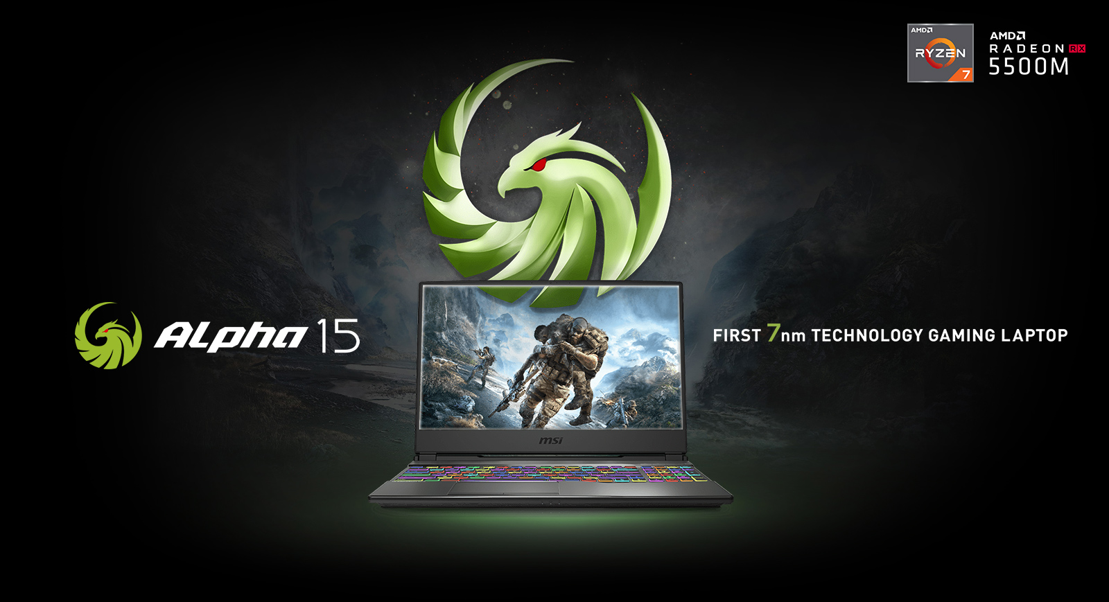 MSI Alpha 15 laptop with a game screenshot as screen and alpha logo is on the top of it