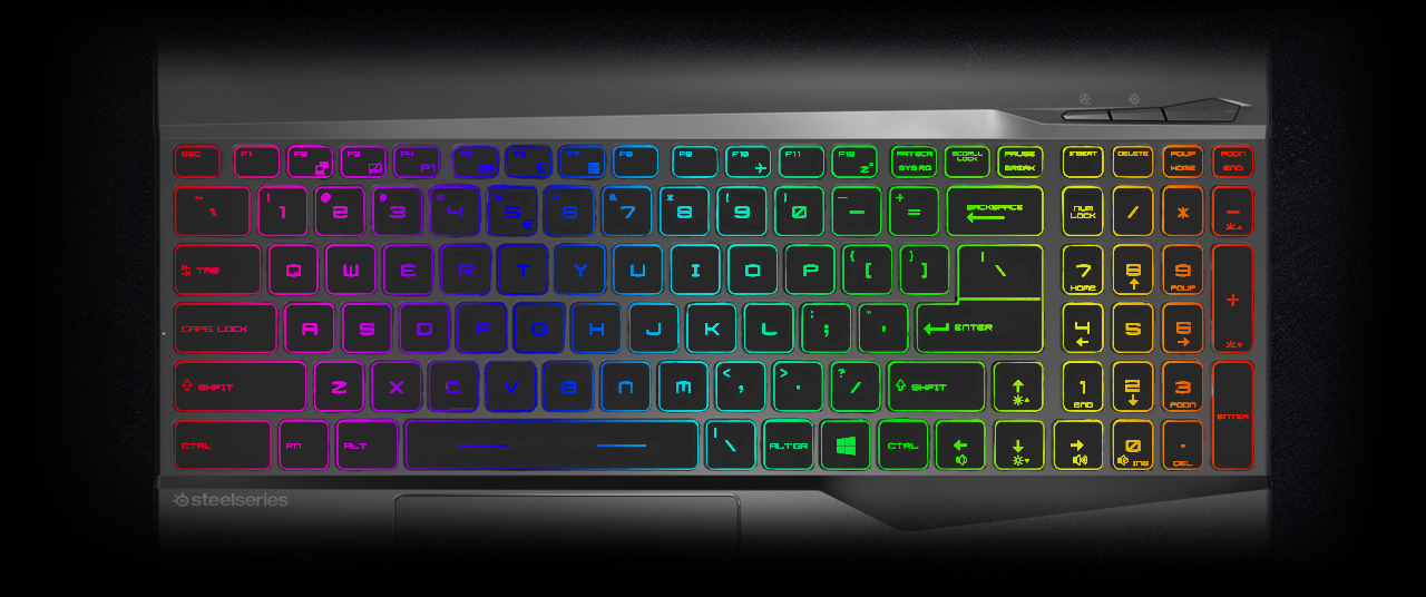 a keyboard in colorful light