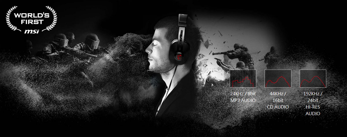  The profile of man enjoying sound from a headset. The background is a FPS game scene.   