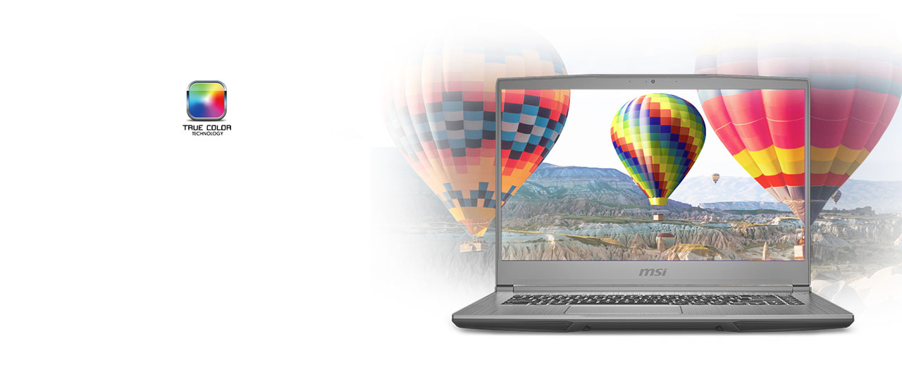 An opened laptop has its display showing hot ballons