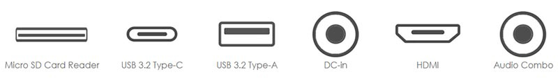 Six Kind of Ports: Micro SD Card Reader, USB 3.2 Type-C, USB 3.2 Type-A, DC-in, HDMI, Audio Combo