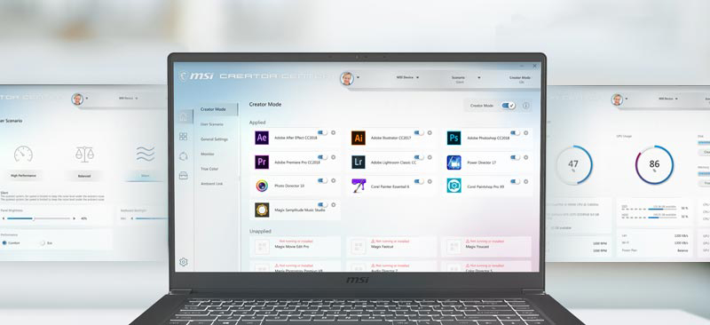 MSI Creator Center Software UI on the Screen