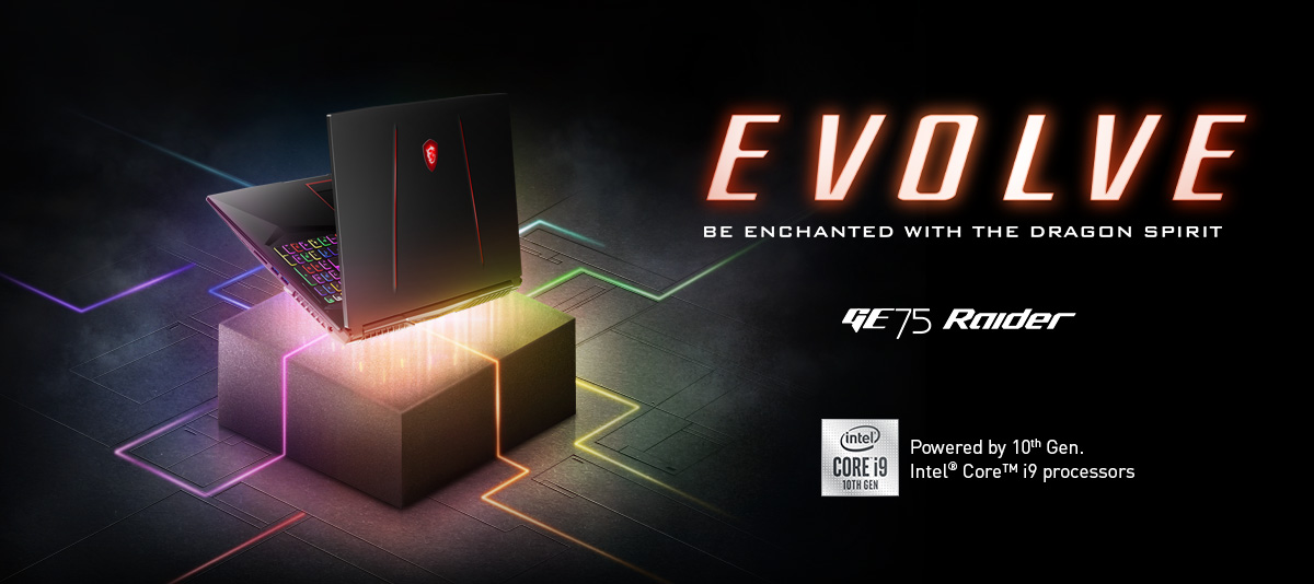 Hero Image: The text says: EVOLVE - BE ENCHANTED WITH THE DRAGON SPIRIT. GE75 Stealth.