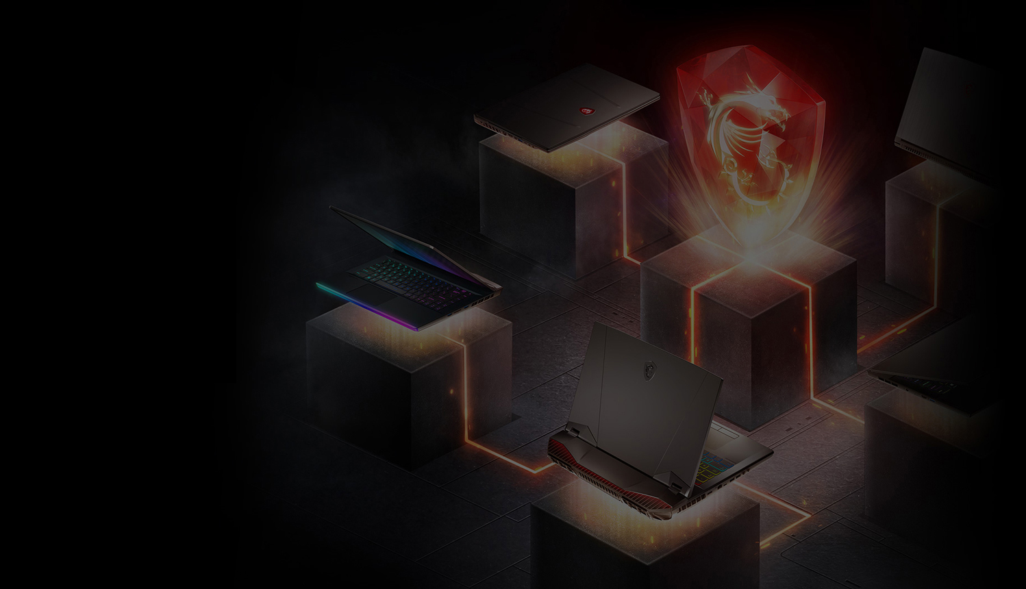 Hero Image: GL65 Gaming Laptop are placing on the pedestal, around the MSI Dragon logo.
