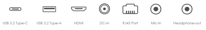 Detail ports: USB 3.2 Type-C, USB 3.2 Type-A, HDMI, DC-in, RJ45, Mic-in, and headphone-out