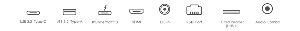 Detail ports: USB 3.2 Type-C, USB 3.2 Type-A, Thunderbolt 3, HDMI, DC-in, RJ45, Card Reader and Audio Combo