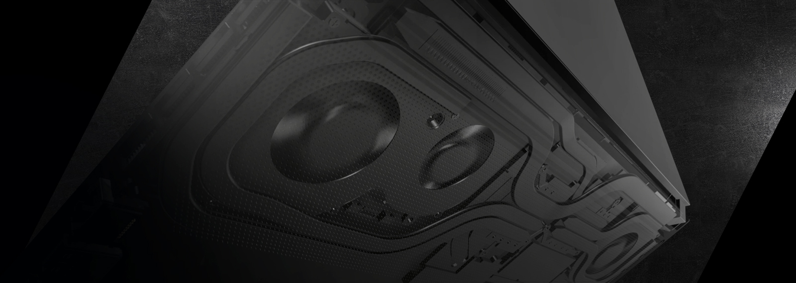 Back view of cooling system: 3 fans and 7 heat pipes.