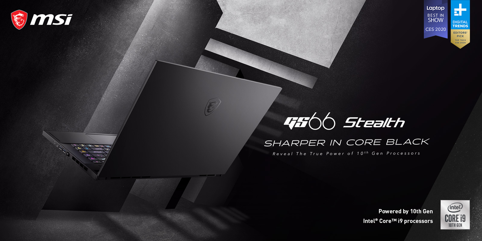 Hero Image: GS66 Stealth product image. The text on the right says: GS66 Stealth. SHARPER IN CORE BLACK. Reveal The True Power of 10th Gen Processors