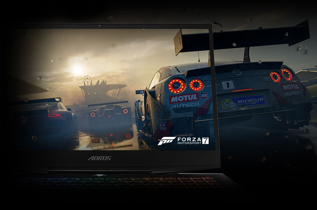 Aorus Gaming Laptop Open with Its Screen Blending with a Screenshot from Forza Motorsport 7