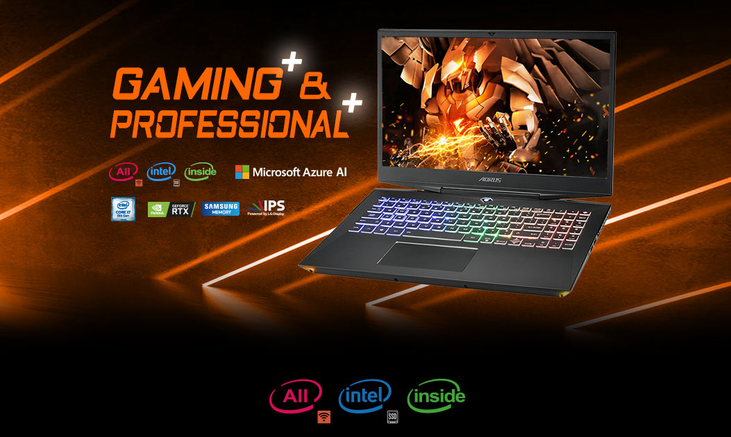 Aorus Gaming Laptop Open Next to Text That Reads: GAMING & PROFESSIONAL and logos for All Intel Inside, Microsoft Azure AI, Intel Core, NVIDIA RTX, Samsung Memory and LG IPS Display