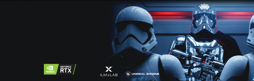Captain Phasma Next to First Order Storm Troopers and Logos for: NVIDIA GeForce RTX, ILMxLAB and Unreal Engine