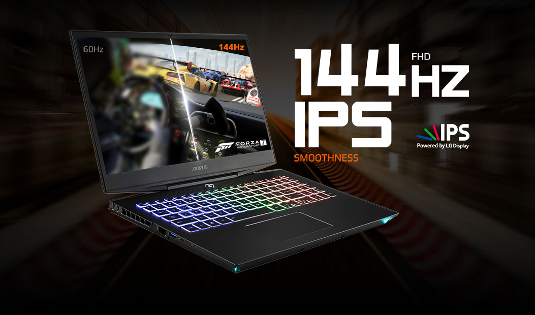 Aorus Gaming Laptop Open, Angled to the Right with Text That Reads: 144Hz FHD Smoothness IPS Powered by LG Display