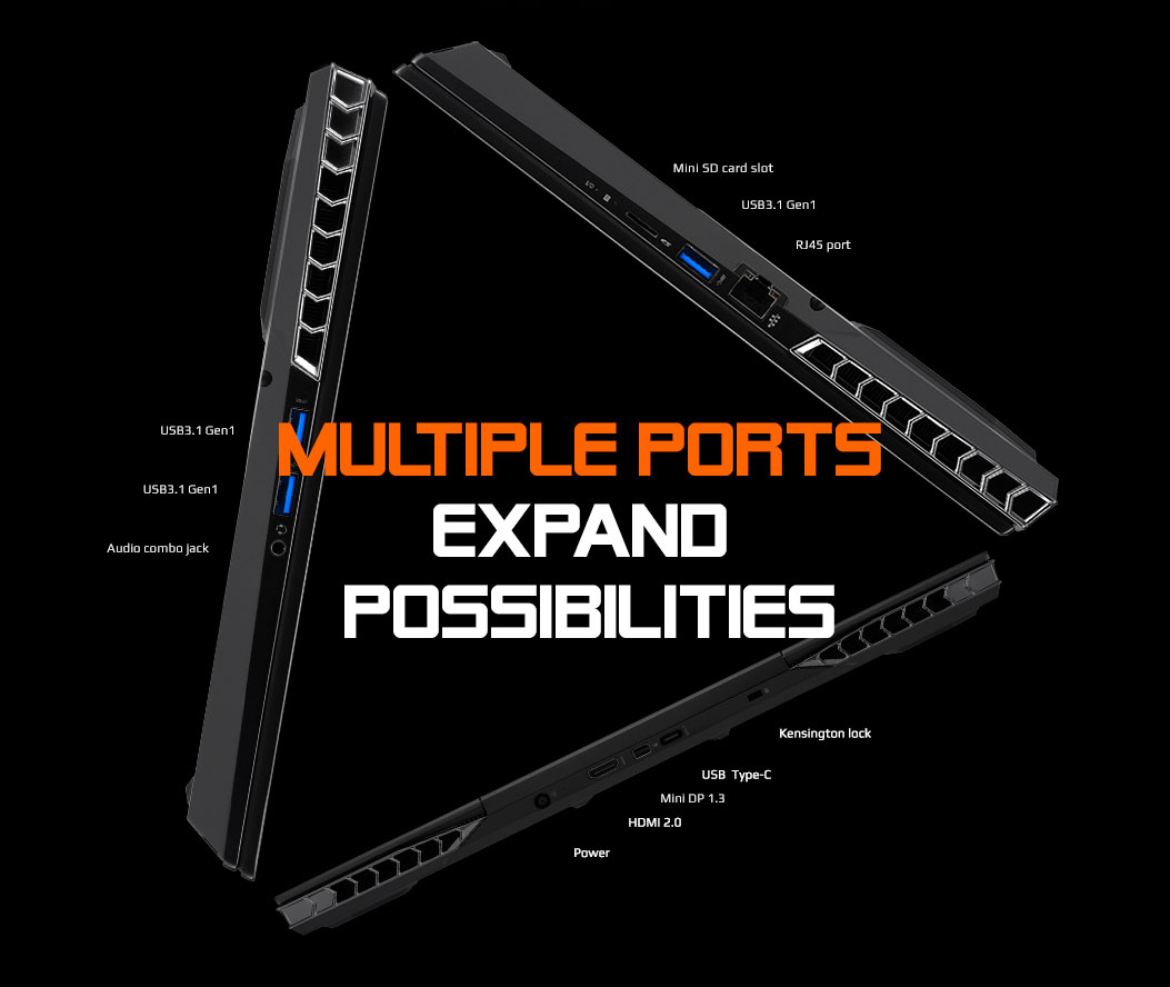 Aorus Gaming Laptops Closed, showing three sides with ports, next to text that reads: MULTIPLE PORTS EXPAND POSSIBILITIES
