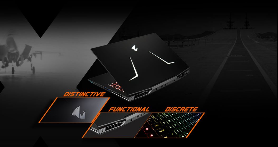 Aorus Gaming Laptop Slightly Open, Angled Away with Three Hotspots: Distinctive (showing the aorus logo on the laptop), Functional (showing the air vents on the laptop) and Discrete (showing the RGB-lit keyboard)