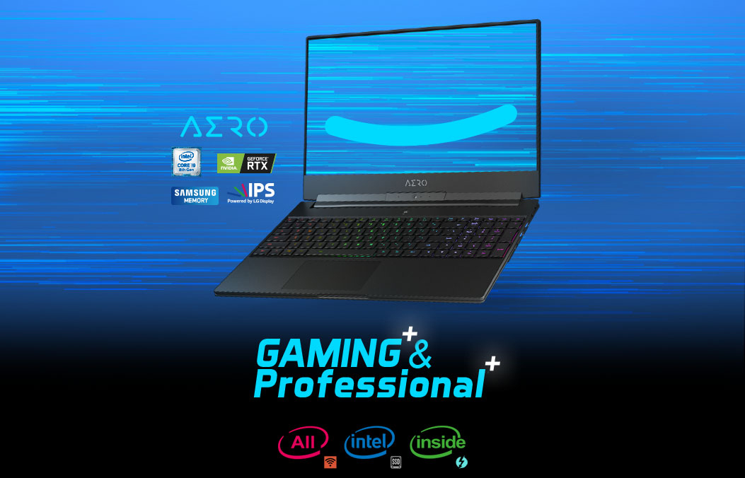 GIGABYTE Aero 15 Gaming Laptop open, facing slightly to the left with logos for Intel Core i9, GeForce RTX, Samsung Memory, IPS LG Display and Intel WiFi, Intel SSD and Intel Power. There is also text that reads: Gaming & Professional