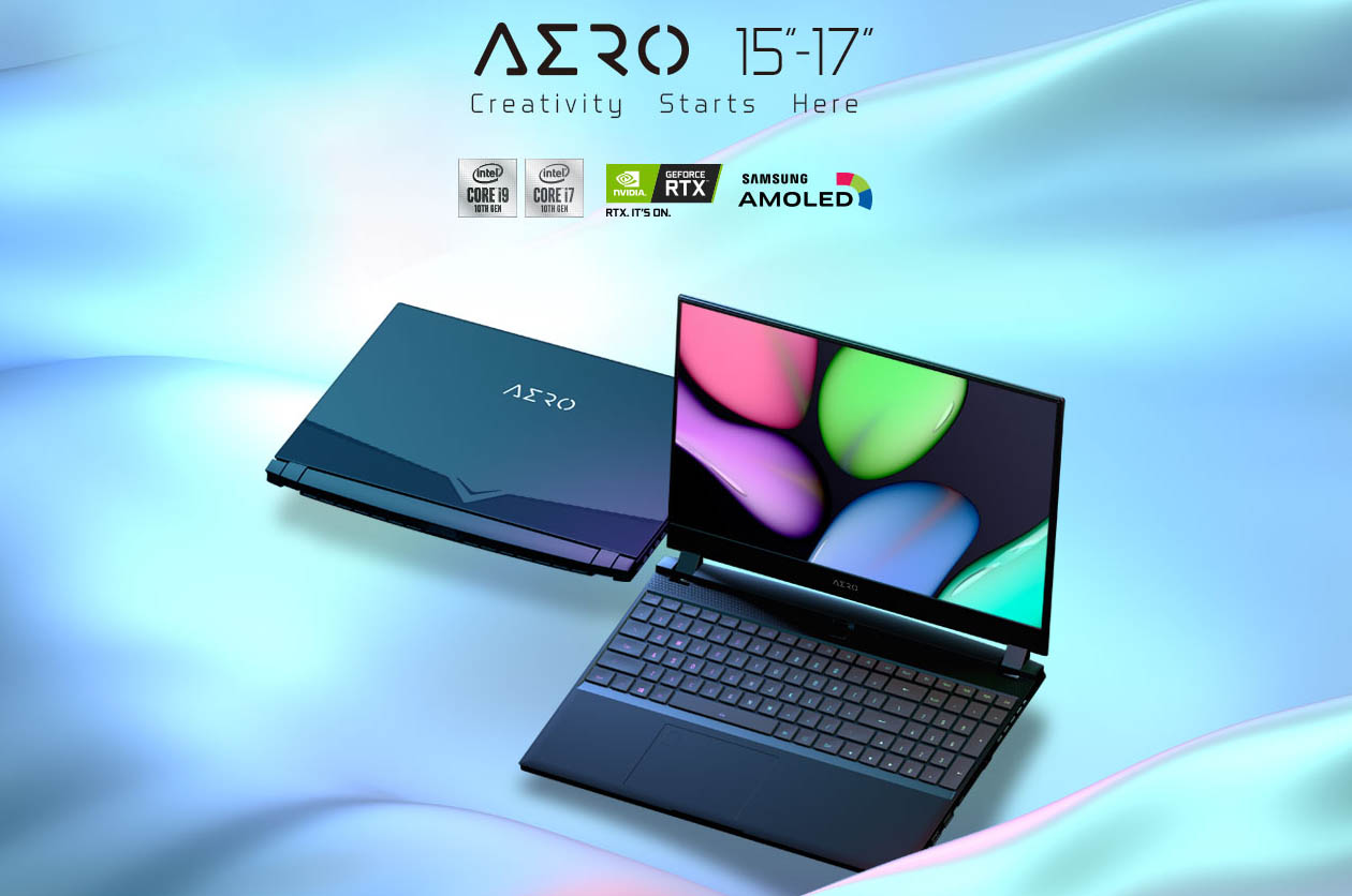 Gigabyte Aero 17 HDRGaming Laptop opens widely. The text above it says: AERO 15in-17in Creativity Starts Here. Intel Core logo, GeForce RTX logo and Samsung AMOLED logo is under the text.