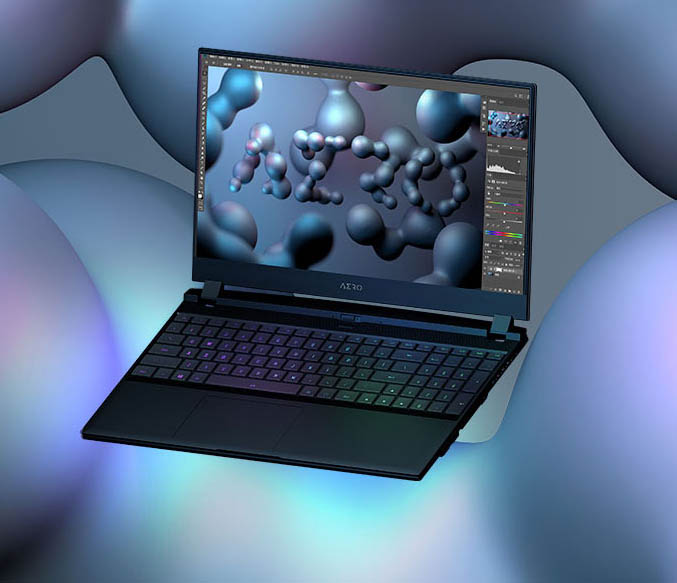 Images of Gigabyte Aero 17 HDR: front and angled view.