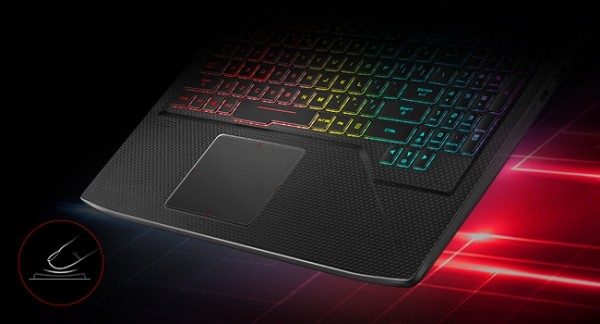 Closeup of the laptop's RGB-lit keyboard and touchpad