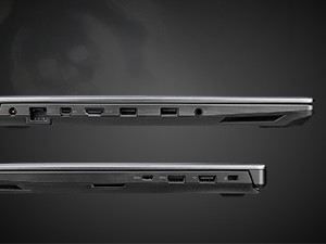 Two images showing both sides of the GL703 laptop and all the ports on each side