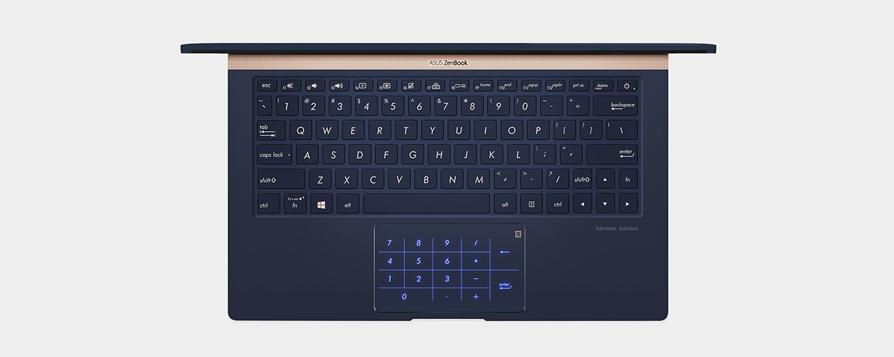 An opened laptop has its keyboard shown in close-up to display the touchpad in numeric keypad mode.