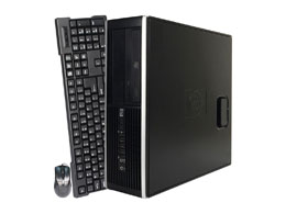 HP 8200 Elite facing slightly to the left with its keyboard and mouse standing up vertically