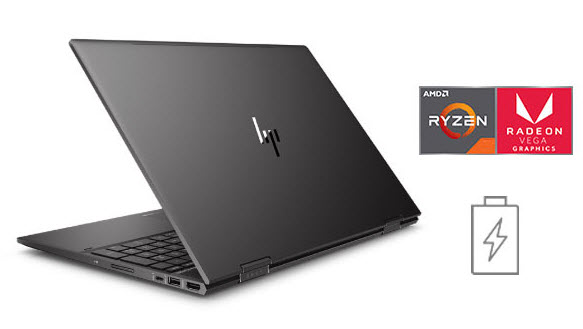 Slightly Open HP ENVY laptop facing away to the left, next to the Ryzen, Radeon and Battery Charge Icon